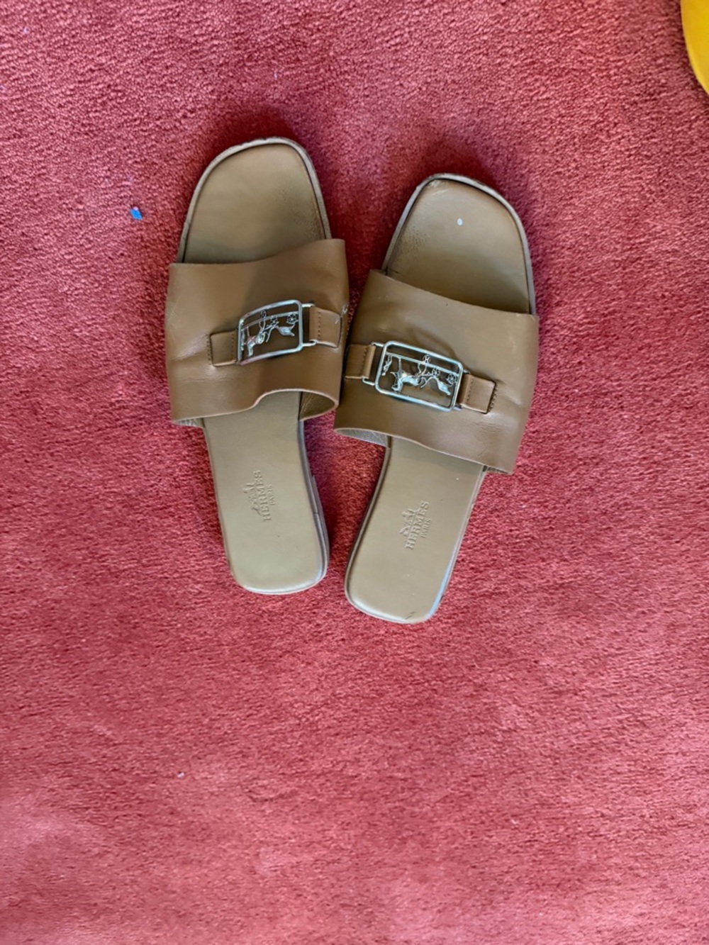 Hermes Brown Leather Slide Sandals with Silver Buckle Detail